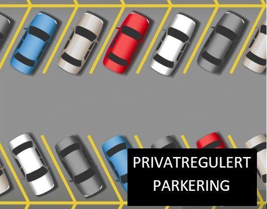 Illustrasjon av en parkeringsplass med mange biler. Bildetekst: Privatregulert parkering